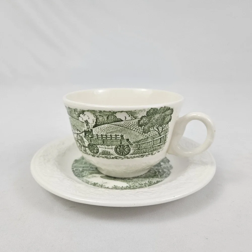 Homer Laughlin Teacup & Saucer Set Farm Scene Vintage Pastoral Green